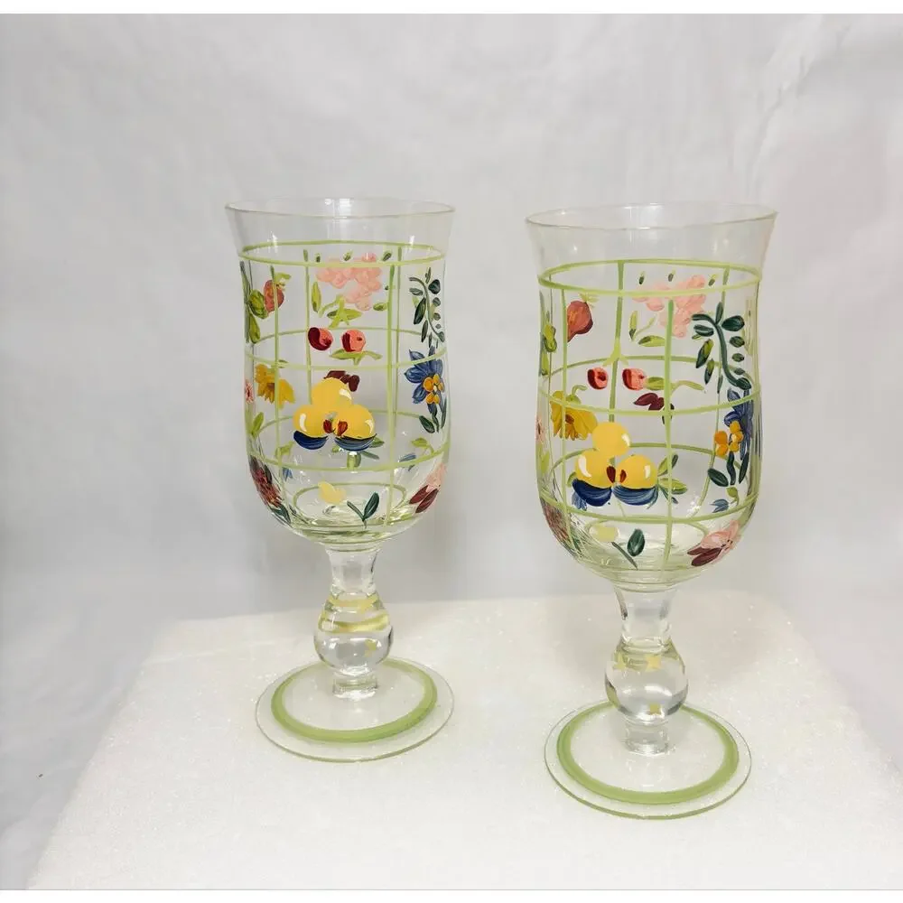 Tracy Porter Vintage Set of 2 Handpainted Floral Stemmed Wine/ Water Glasses